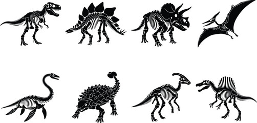 Dinosaur Skeleton Silhouettes Vector Set of Prehistoric Fossil Bones and Extinct Reptile Anatomy Icons © MstMahurun