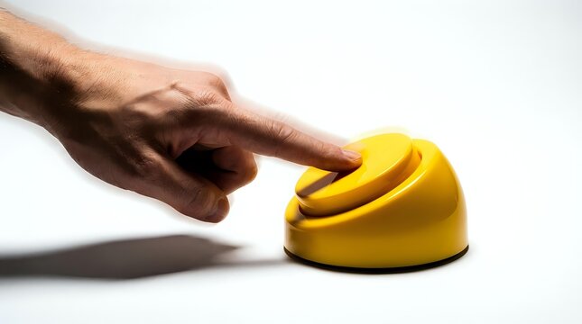 Male hand with medium skin tone pressing yellow emergency alarm bell against white background for alert and warning concepts.