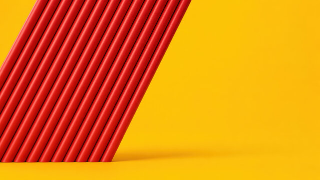 A slanted row of parallel red straws rests against a vibrant yellow background, leaving ample copy space on the right for minimalist designs.
