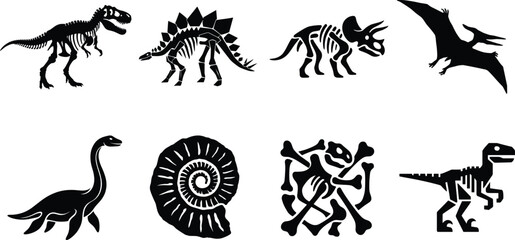 Prehistoric Dinosaur and Fossil Silhouette Collection Featuring Skeletons, Ammonite, Pteranodon, and Ancient Life Forms © MstMahurun