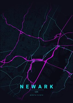 Modern Newark City Map Poster Design, Neon Cyberpunk Style Urban Street Grid Cartography