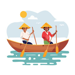 Obraz premium Flat design fishermen in boat with net