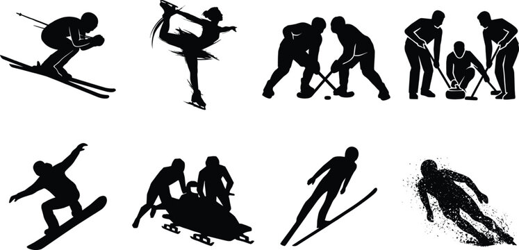 Winter Sports Silhouette Collection Featuring Skiing, Snowboarding, Ice Hockey, Curling, Bobsledding, and Ski Jumping