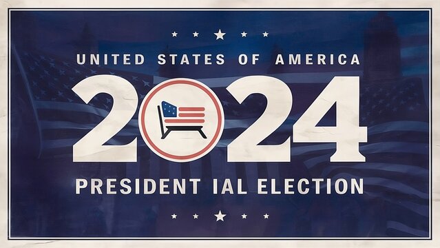 presidential election poster for the year 2024, featuring the American flag in the background and a voting icon in the foreground. featuring the text the text UNITED STATES, created with generative ai
