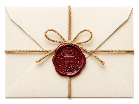 Sealed envelope with wax seal and twine heraldic crest