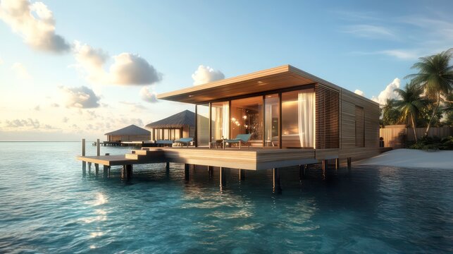 Stunning overwater bungalow on a pristine tropical beach. Luxurious escape in paradise.