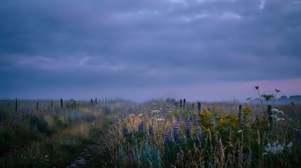 Fototapeta premium Misty wildflower meadow at dawn with purple sky, golden light filtering through fog over blooming field landscape for nature and environmental design projects.