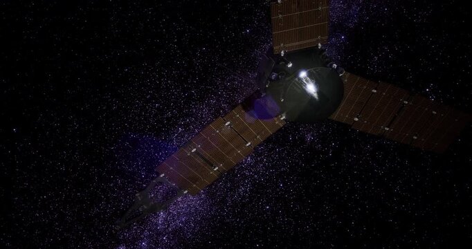 Juno spacecraft navigates the vastness of space, surrounded by a mesmerizing array of stars and distant galaxies. The intricate design shines brightly against the cosmic backdrop.