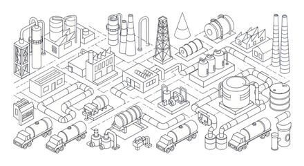 Obraz premium Isometric Industrial Plant Outline Drawing with Factories and Storage Tanks.