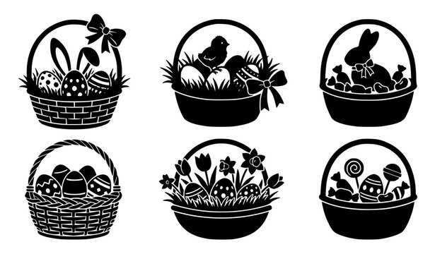 Easter basket silhouette vector set with eggs and spring treats