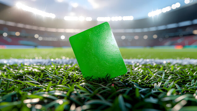 A blank green card stands upright on a lush football field inside a large stadium with bright floodlights, conceptual image of fair play, environment, and sports regulation.