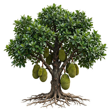 Jackfruit Tree Ultra realistic full jackfruit tree bearing large jackfruits, detailed green leaves, isolated on white background