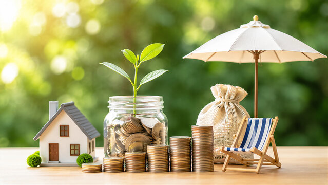 Modern financial planning concept featuring a miniature house, stacked coins, a growing plant in a glass jar, retirement savings bag, and a relaxing chair under an umbrella symbolizing wealth growth