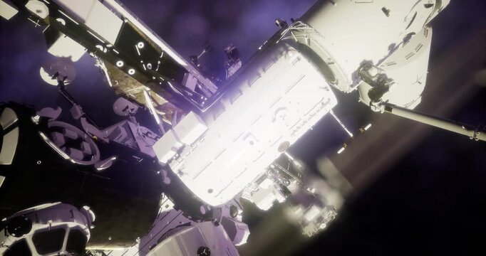 A detailed view of a space station orbiting Earth showcases its various modules and structures against a backdrop of outer space. Sunlight illuminates parts of the station, emphasizing its design.