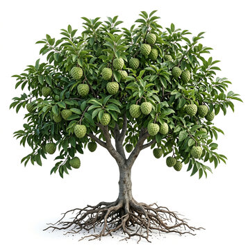 Cherimoya Tree Ultra realistic full cherimoya tree bearing green cherimoyas, detailed green leaves, isolated on white background