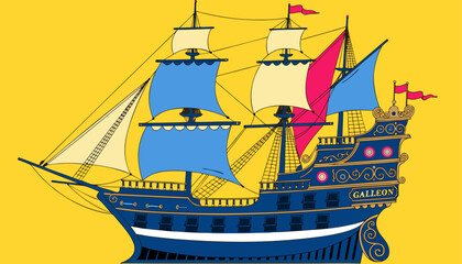 Very beautiful GALLEON with multiple sails, ornate stern decorations, and a decorative label reading "GALLEON", realistic colorful vector illustration. © ehsanollah