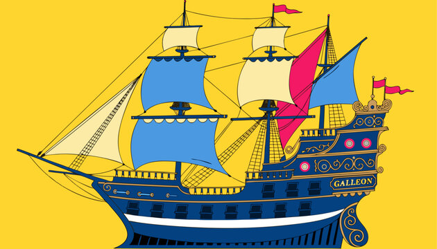 Very beautiful GALLEON with multiple sails, ornate stern decorations, and a decorative label reading "GALLEON", realistic colorful vector illustration.