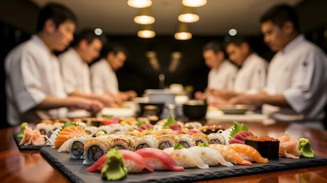 A beautifully arranged and colorful sushi platter featuring an exquisite selection of fresh maki rolls, sashimi, and nigiri, ready to be served in an authentic Japanese culinary setting.