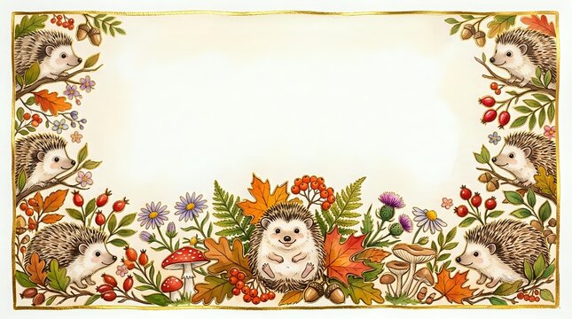 Hedgehogs surrounded by autumn leaves, berries, and foliage create a decorative border frame on cream background, suitable for invitations and seasonal designs.