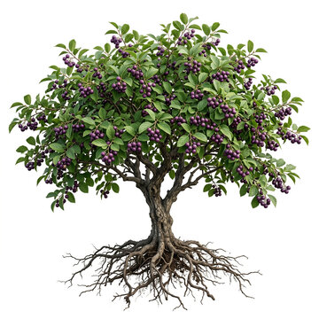 Phalsa Tree Ultra realistic full phalsa tree bearing purple phalsa berries, detailed leaves, isolated on white background