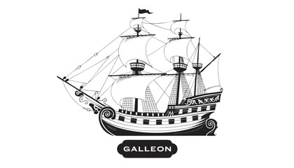 Very beautiful black-and-white engraved vector illustration featuring GALLEON with elaborate rigging and a decorative label reading "GALLEON". © ehsanollah