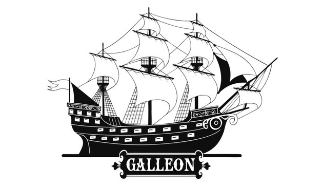 Very beautiful black-and-white engraved vector illustration featuring GALLEON with elaborate rigging and a decorative label reading "GALLEON".