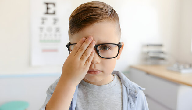 A young boy wearing black glasses covers one eye with his hand during an eyesight exam at an optometry clinic, with a blurred alphabet test chart hanging in the background.