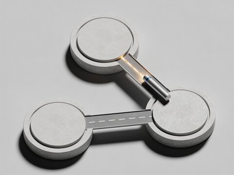Abstract 3D workflow handoff with stone circular platforms, slim bridges, transfer object, subtle glow, clean gray top view for project management and process flow visuals
