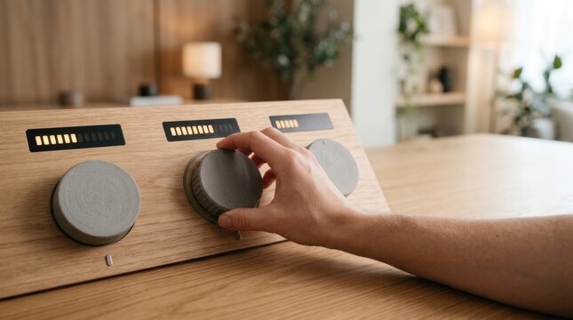 Hand adjusting matte control dial on wooden budget control dashboard for fiscal strategy forecast planning office website hero with copy space