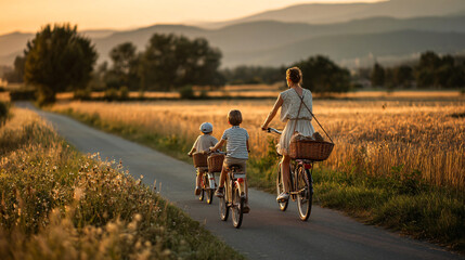Fototapeta premium Golden Hour Cycling Adventure: A family cycles down a rural road at sunset, surrounded by golden fields, evoking a sense of freedom and shared joy.