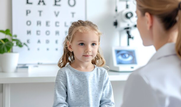 A little girl has an eye consultation with a female ophthalmologist in a bright clinic, with a blurred alphabet vision chart and medical diagnostic equipment in the background.