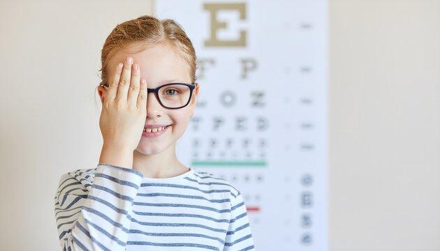 A smiling young girl wearing black glasses covers one eye with her hand during a vision examination, with a blurred snellen eye chart in the background, healthcare concept.
