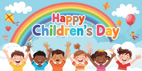 Happy children day celebration with diverse kids group and colorful rainbow background, for kids event