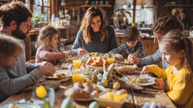 A Joyful Family Feast: A warm and vibrant scene captures a multi-generational family gathered around a rustic wooden table, sharing a delightful meal and Easter traditions.