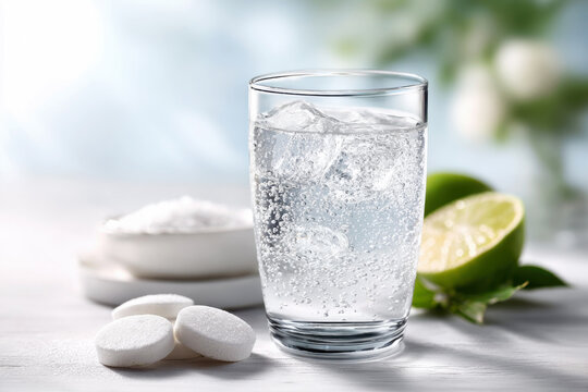 Effervescent electrolyte tablet dissolving in a glass of water with lime and ice on a bright white surface