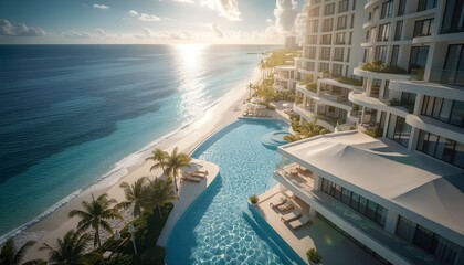 Obraz premium Luxurious tropical resort with modern architecture, infinity pools, and white terraces overlooking the turquoise ocean on a sunny summer day.