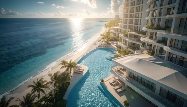 Luxurious tropical resort with modern architecture, infinity pools, and white terraces overlooking the turquoise ocean on a sunny summer day.