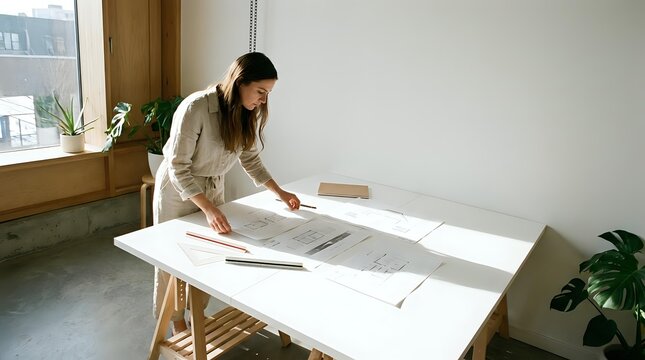 Female Architect Working Over Blueprints and Design Plans on Large Table, Professional Design Concept