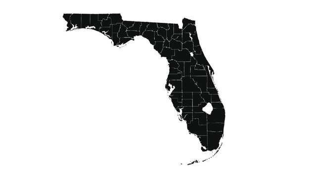 Black silhouette map of florida state with detailed county borders on white background