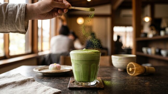 A creamy matcha latte sits on a rustic wooden table as fine matcha powder is gently sprinkled from above. Warm natural light, soft bokeh, and a cozy Japanese caf&eacute; atmosphere create a calm, elegant
