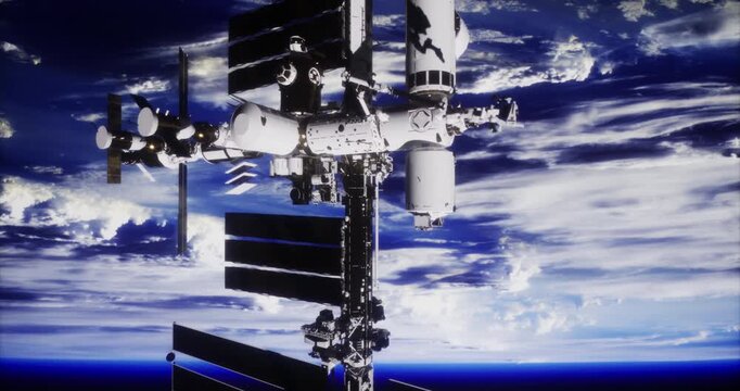 A large space station hovers above Earth, surrounded by swirling clouds and blue skies. Solar panels extend outward, collecting sunlight in the vastness of space.