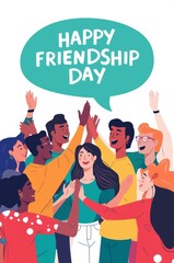 Obraz premium Happy friendship day with a diverse group of young people cheering with hands raised in a circle