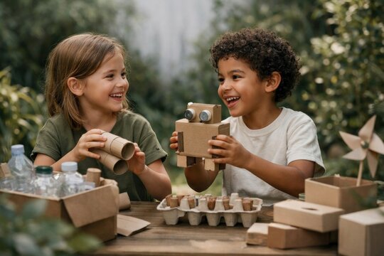 Children crafting with recycled materials.