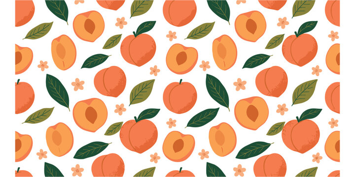 Seamless pattern of fresh whole and half peaches with seamless, background
