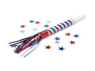 Obraz premium Patriotic party blower with red, white and blue stripes and star confetti scattered around isolated on white background for celebrations and events.