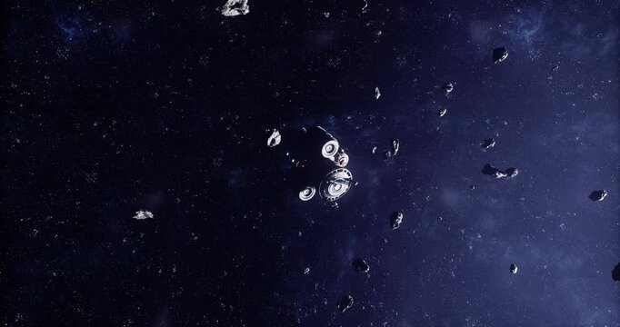 In a vast expanse of deep space, a futuristic space station navigates carefully among numerous asteroids. The dark background is punctuated by distant stars illuminating the scene.