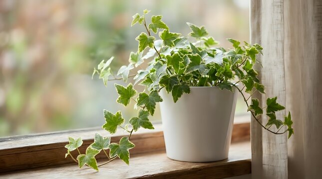 Potted trailing ivy plant with lush green foliage cascading from white ceramic container on windowsill, ideal for home decor and interior design projects.