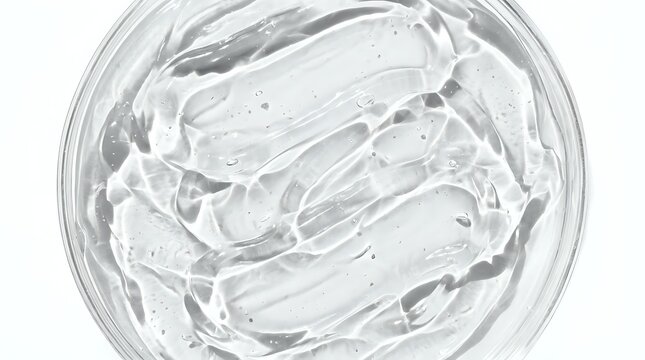 Clear gel or transparent cosmetic product swirled in glass container, showcasing texture and consistency for skincare, beauty, and cosmetics packaging design.