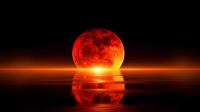 Large vibrant red moon rising over a calm dark ocean surface at night creating a glowing reflection on the peaceful water in this surreal cosmic scene