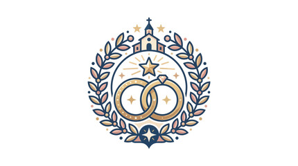 Obraz premium Wedding Rings Emblem with Church and Laurel Wreath - Symbol of Love and Marriage